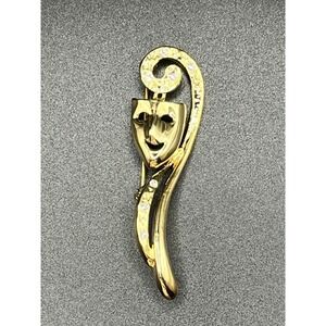 Gold-Tone Theater Mask Brooch Pin 2.75" w/ Faux Diamonds Vintage